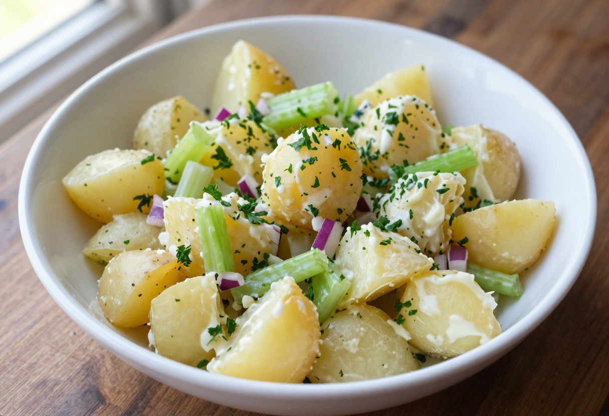Creamy potato salad with golden potatoes, celery, red onion, and parsley in a white bowl