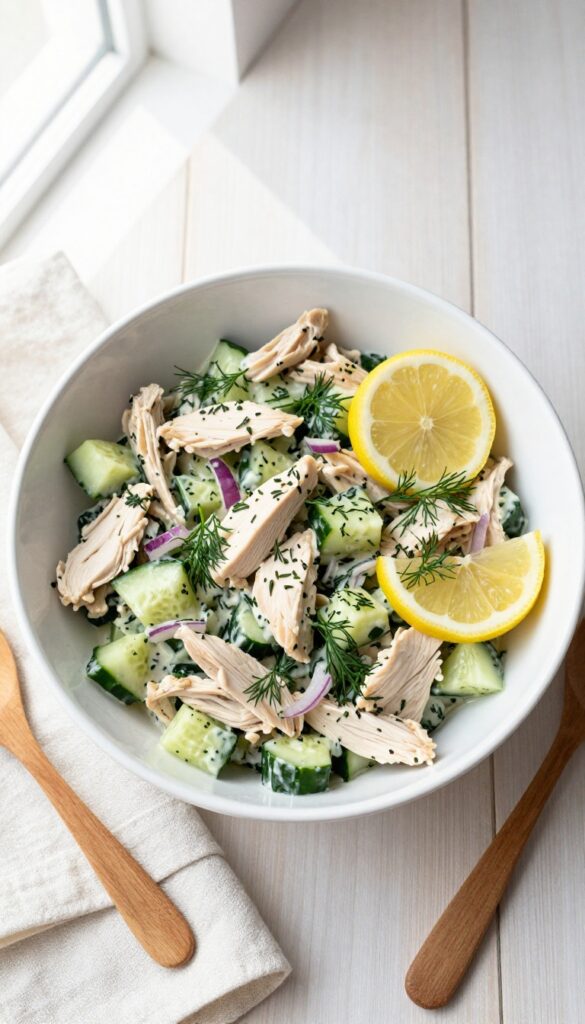 Lemon herb chicken salad with cucumber in a white bowl on a wooden table