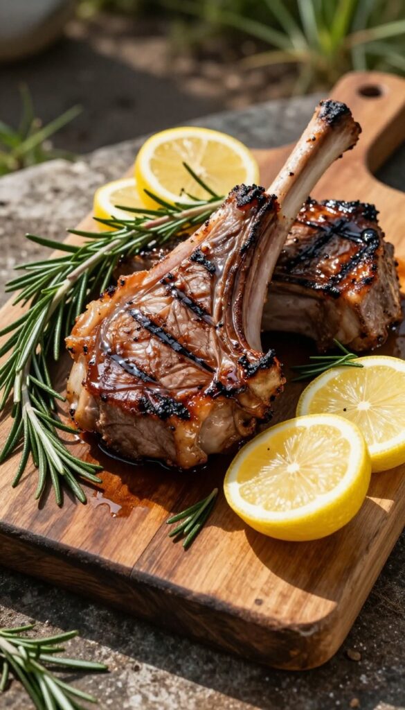 Grilled lamb chops with lemon and herbs on a wooden platter, ready to serve.
