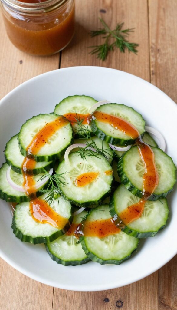 Smoked paprika and dill cucumber salad in a white bowl on a wooden table with natural light.