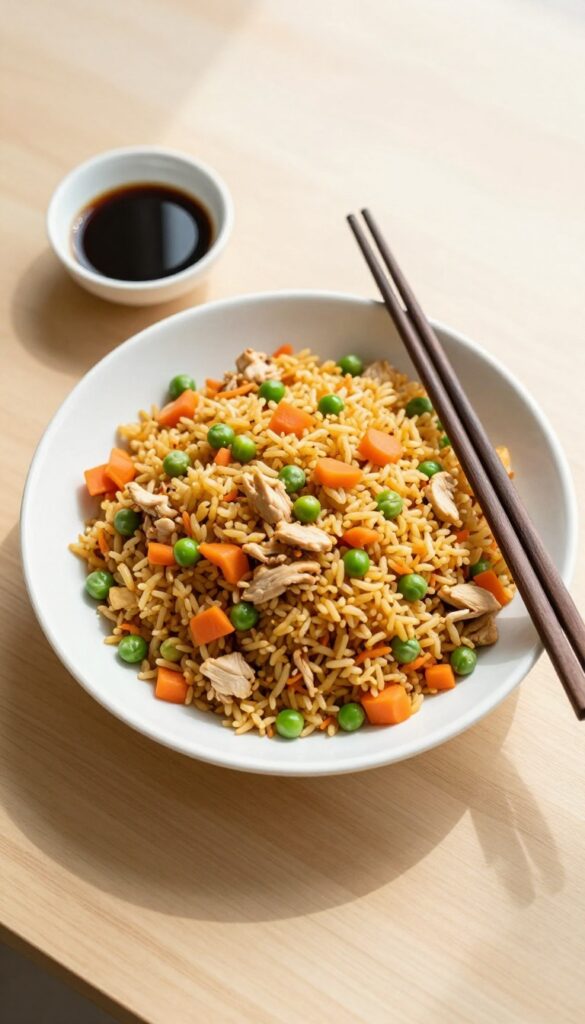 Bowl of rotisserie chicken fried rice with vegetables and chopsticks