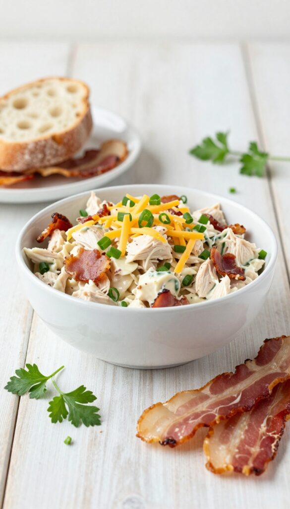Creamy chicken salad with bacon and cheddar in a bowl on a wooden table with bread and bacon strips.