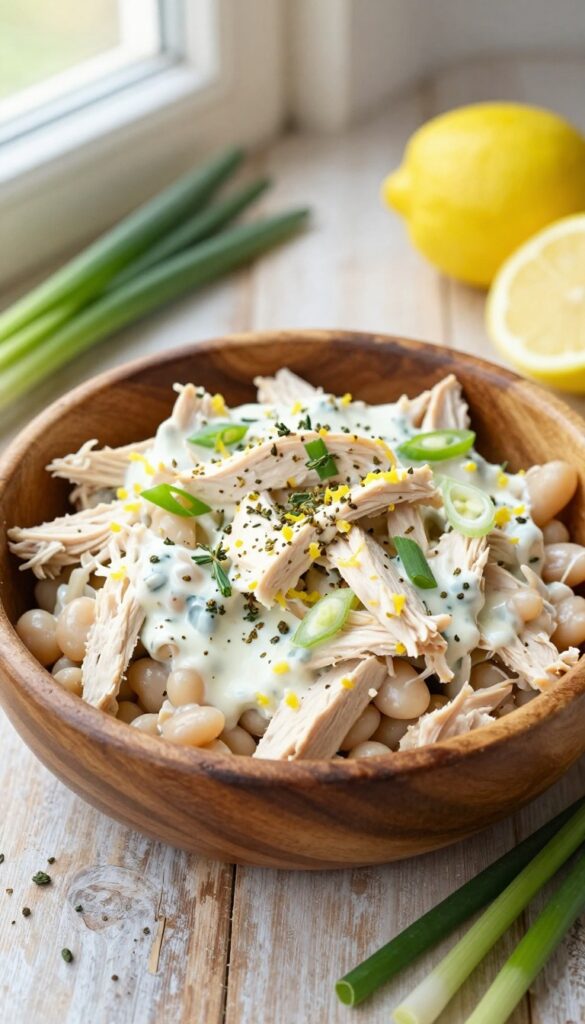 A bowl of creamy lemon herb and white bean chicken salad on a wooden table, garnished with green onions and surrounded by lemon halves and herbs.