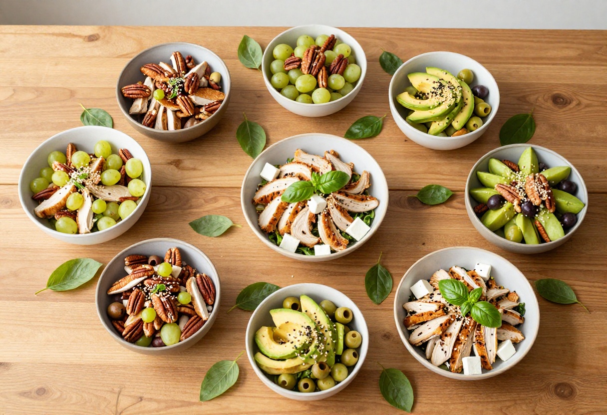Seven bowls of rotisserie chicken salad variations on a wooden table