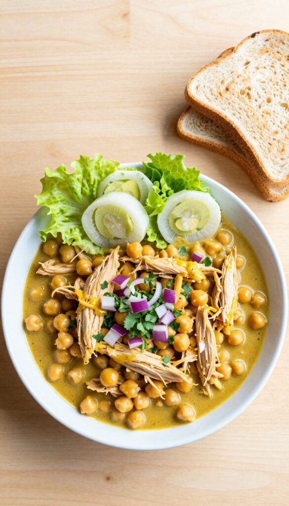 Curried Chickpea & Chicken Salad in a white bowl with lettuce cups and toast on a wooden table
