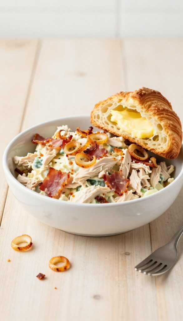 Creamy bacon ranch chicken salad with crispy shallots in a white bowl next to a croissant on a wooden table.