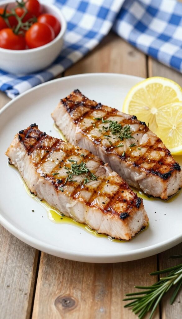 Grilled tuna steaks with Mediterranean herbs and lemon on a rustic table, showcasing a simple and healthy recipe.