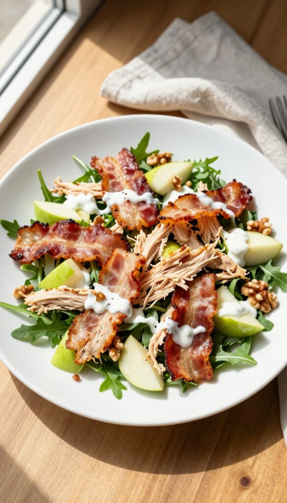 Crispy bacon and apple chicken salad on a plate with arugula and walnuts.