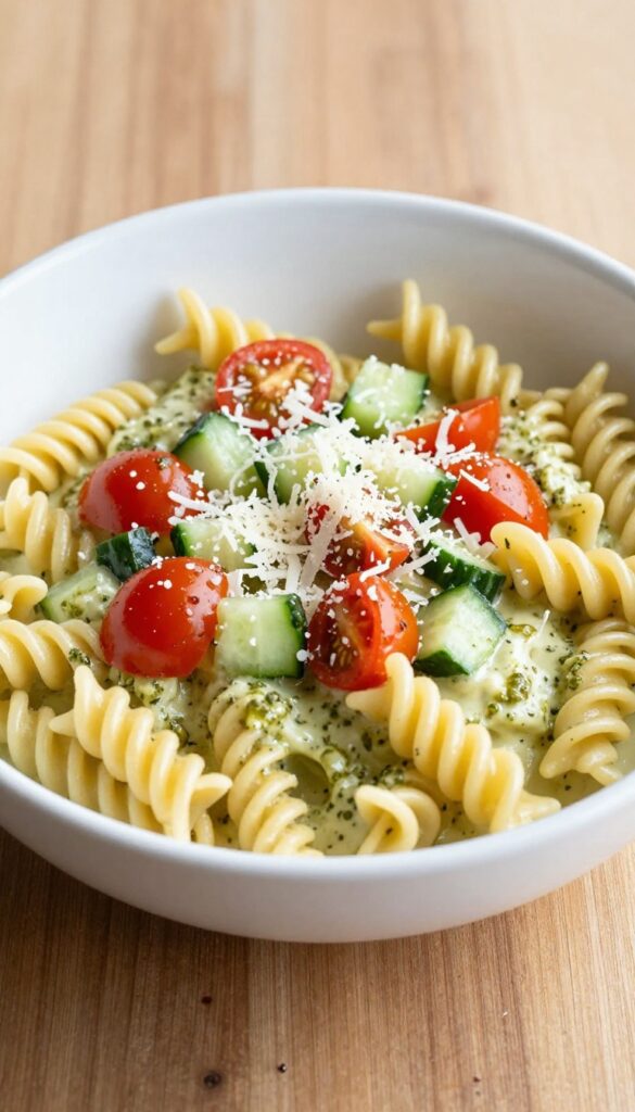 A creamy pesto pasta salad with fusilli, cherry tomatoes, cucumber, and parmesan cheese in a white bowl on a wooden table, showcasing a rich and smooth texture in natural light.