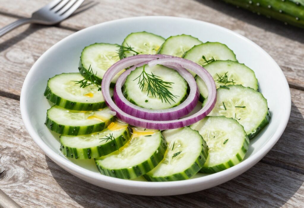 Crisp cucumber and red onion salad with vinegar dressing in a white bowl, garnished with fresh dill, perfect for cookouts