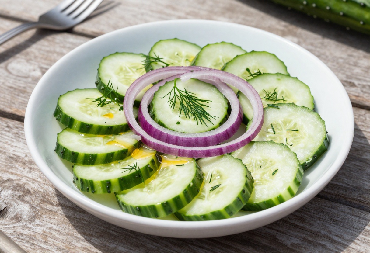 Crisp cucumber and red onion salad with vinegar dressing in a white bowl, garnished with fresh dill, perfect for cookouts