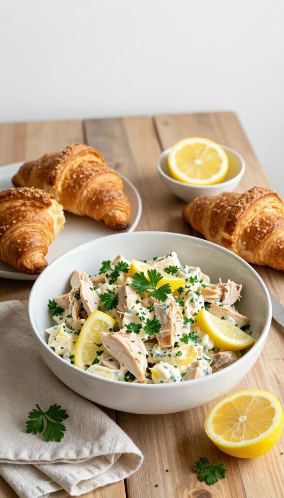 Creamy chicken salad with lemon twist in a white bowl on a wooden table with croissants and lemon wedges.