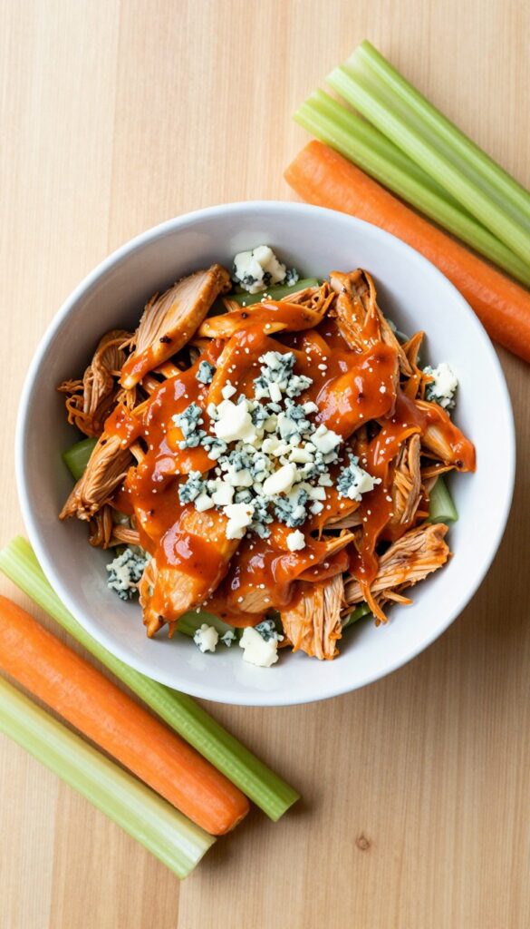 Buffalo chicken salad with blue cheese and celery in a white bowl