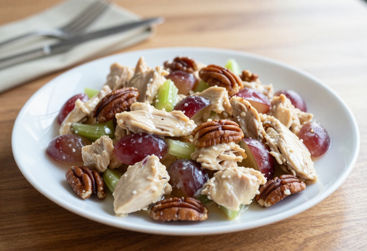 Bowl of creamy Southern chicken salad with grapes, celery, and pecans on a wooden table.