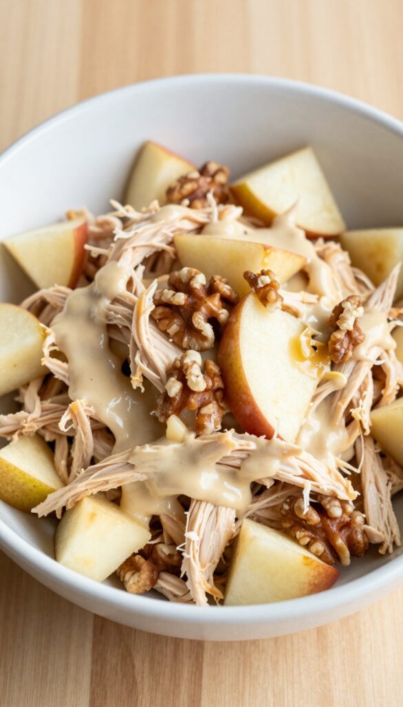 Honey mustard chicken salad with apple and walnuts in a white bowl.