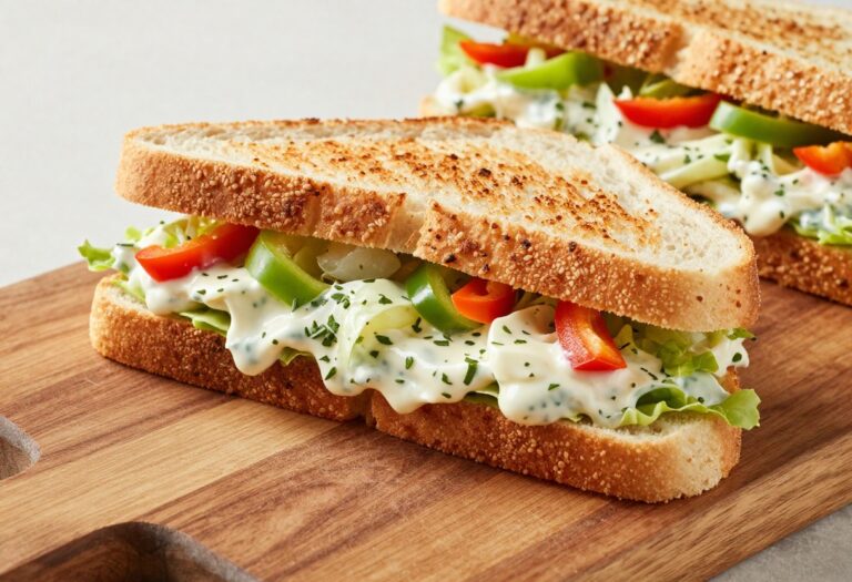 Cross-section of a creamy Italian salad sandwich with a rich, tangy filling and crunchy vegetables, showcasing the recipe's balance of flavors and textures.