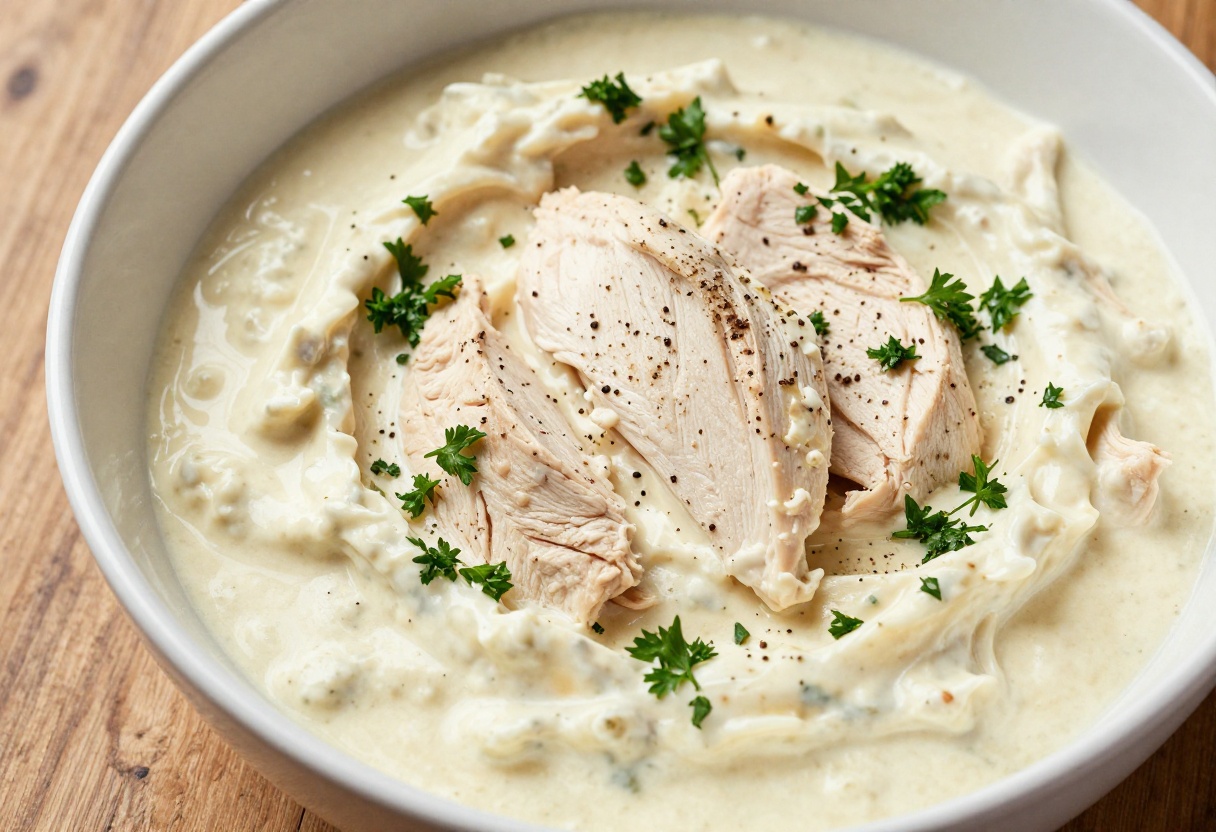 Close-up overhead view of creamy chicken salad in a bowl on a wooden table