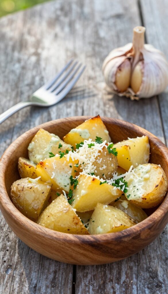 Garlic Parmesan baked potato salad in a wooden bowl on a picnic table, showcasing roasted potatoes with creamy dressing, Parmesan, parsley, and roasted garlic, ideal for potlucks