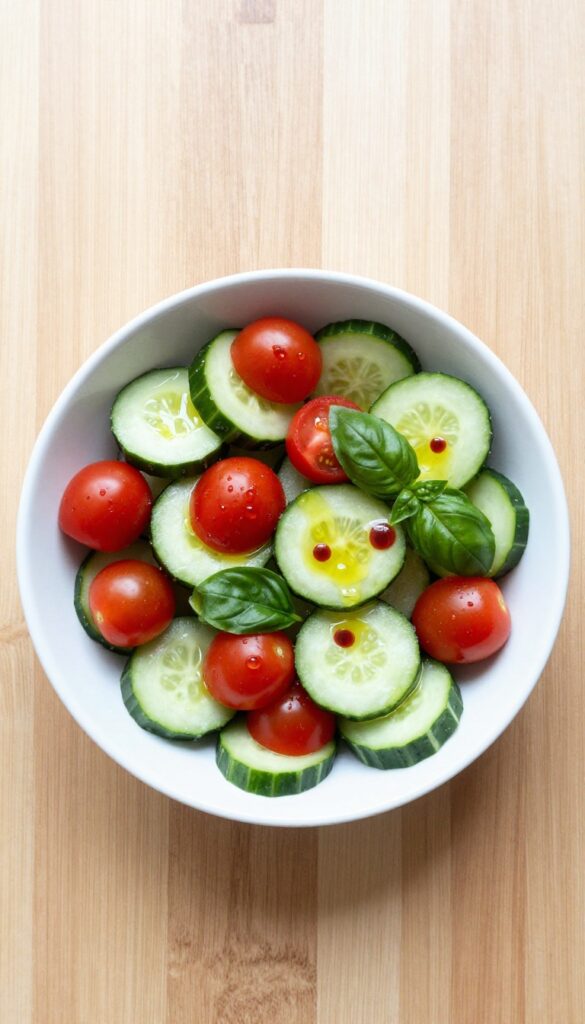 Cucumber and tomato salad with basil olive oil in a white bowl