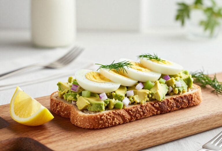 Avocado egg salad sandwich with creamy filling, sliced open on toasted bread, featuring eggs, avocado, onion, and celery, styled for a healthy recipe blog.
