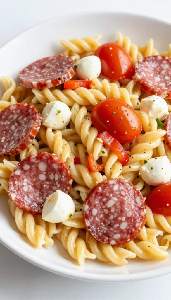 Italian dressing pasta salad with salami, rotini, cherry tomatoes, mozzarella, and bell peppers, served cold in a natural light setting.