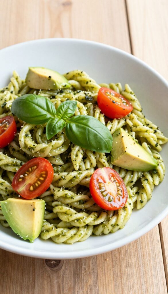 A close-up of Avocado Pesto Pasta Salad in a bowl, showing creamy pesto-coated pasta with avocado cubes and cherry tomatoes, set on a wooden table in natural light.