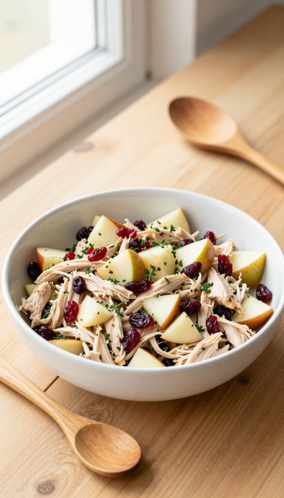 Herbed cranberry chicken salad with apples in a white bowl on a wooden table