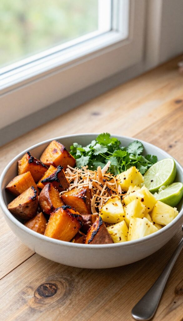 A tropical pineapple and coconut sweet potato salad in a ceramic bowl, featuring roasted sweet potatoes, pineapple chunks, toasted coconut, cilantro, and lime wedges on a rustic wooden table with natural light.