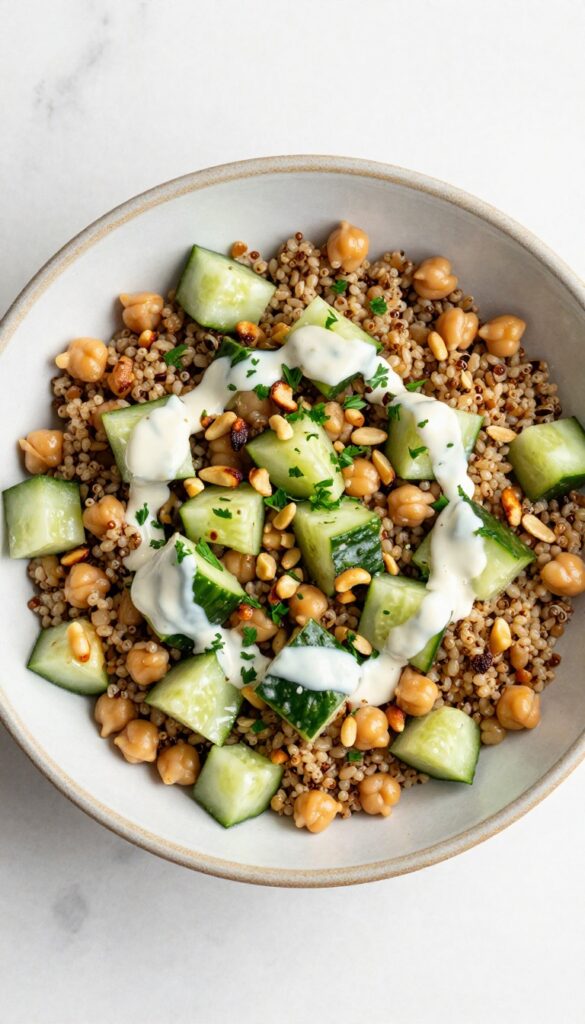 Warm quinoa and chickpea salad with cucumber and tahini dressing in a bowl