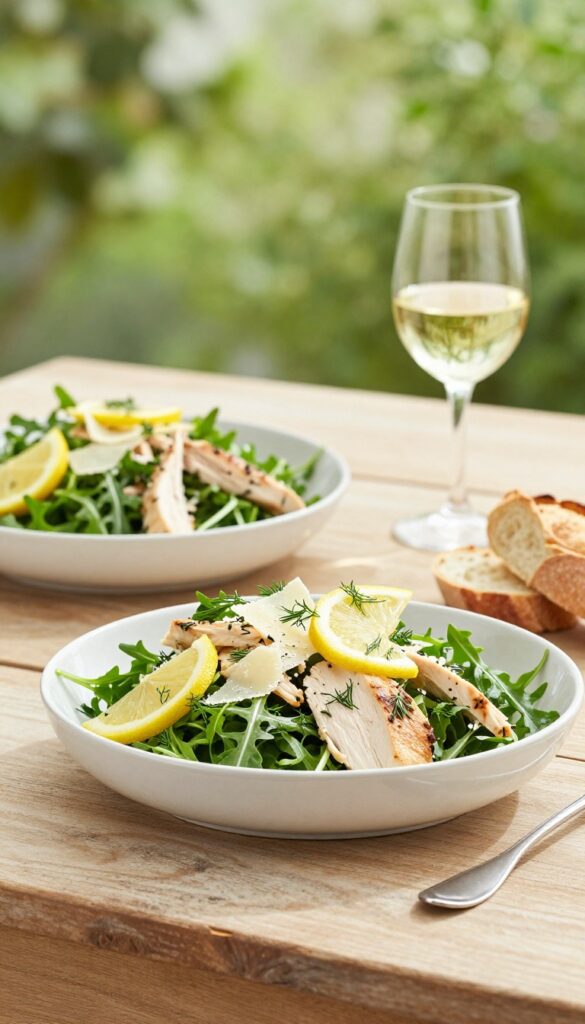 Lemon herb chicken salad with arugula and Parmesan in a bowl on a wooden table