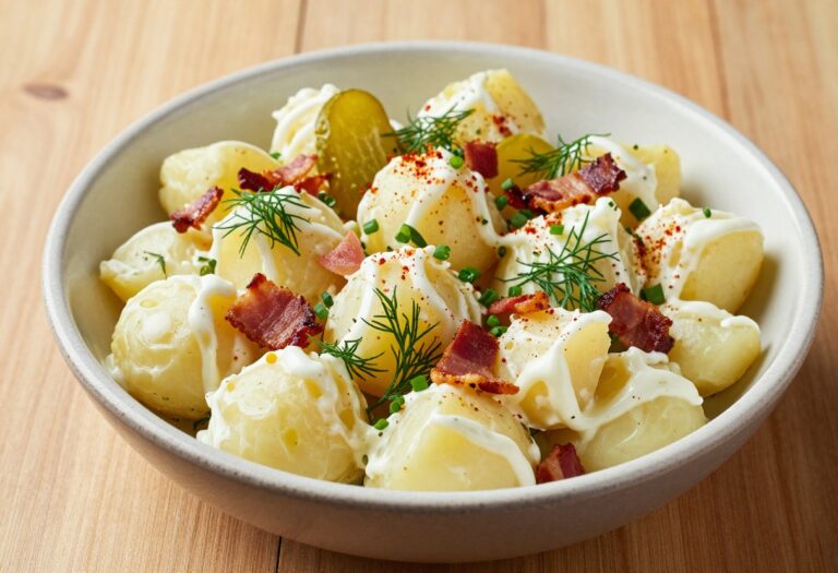 Colorful Southern potato salad with bacon, herbs, and pickles in a rustic bowl on a wooden table.