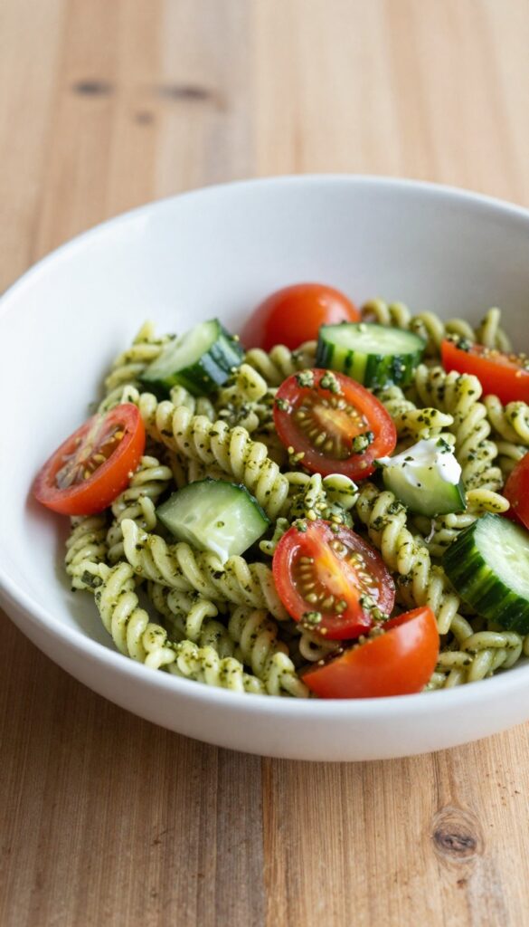 A creamy pesto pasta salad with Greek yogurt, pasta, cucumber, and cherry tomatoes in a bowl, showcasing a smooth texture and bright natural lighting.