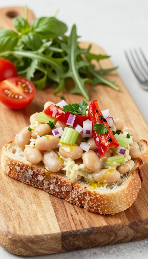 A close-up view of a white bean Italian salad sandwich on a rustic wooden board, showcasing creamy beans, crunchy vegetables, and fresh herbs in bright natural light.