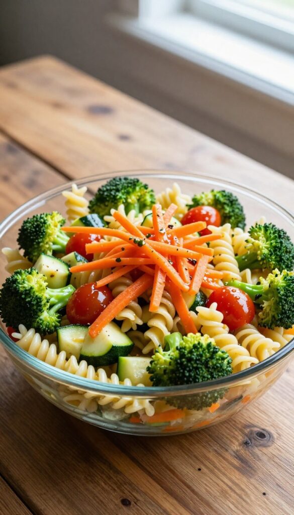 A close-up view of a veggie-loaded Italian pasta salad with fusilli pasta, zucchini, broccoli, cherry tomatoes, and carrots in a glass bowl, showcasing fresh ingredients and natural light.