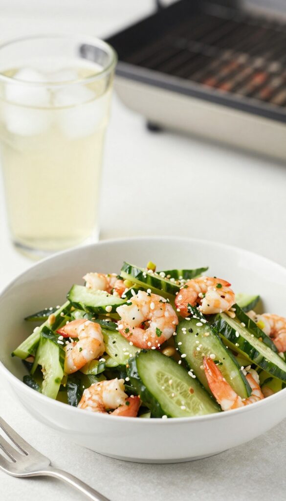 Cucumber shrimp salad with fork and iced tea on a picnic table at a BBQ.