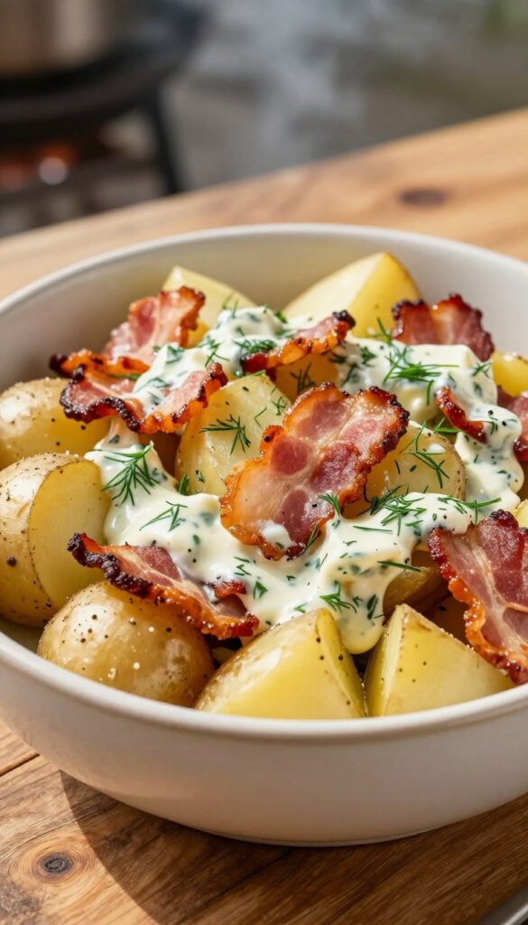 A bowl of smoky bacon and dill potato salad with crispy bacon and creamy dressing, served on a rustic table for a weekend BBQ.