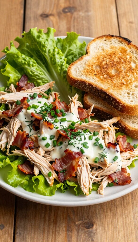 Creamy bacon ranch chicken salad with shredded chicken, crispy bacon, and fresh herbs on a wooden table with toasted sourdough bread and lettuce.