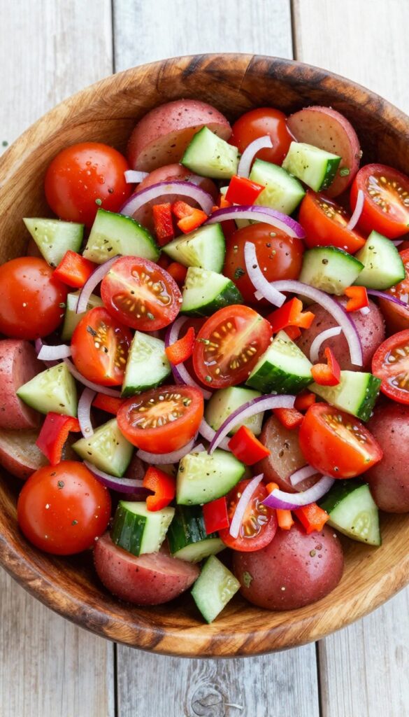A colorful herbed potato salad with red potatoes, cherry tomatoes, cucumber, bell pepper, and red onion in a rustic bowl on a picnic table, perfect for summer gatherings.