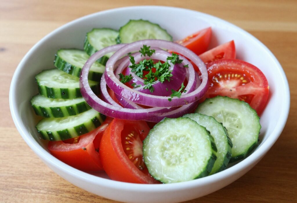 Fresh tomato cucumber and onion salad in a white bowl
