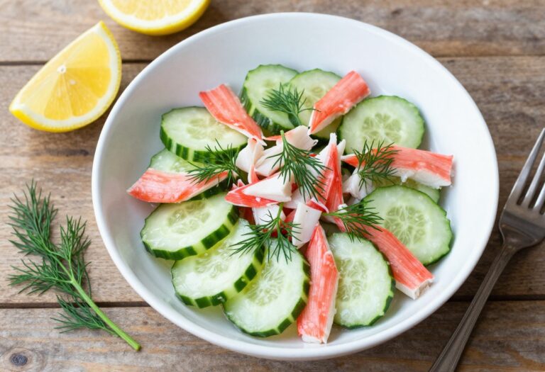 Fresh cucumber crab salad with dill in a white bowl, garnished with lemon wedges