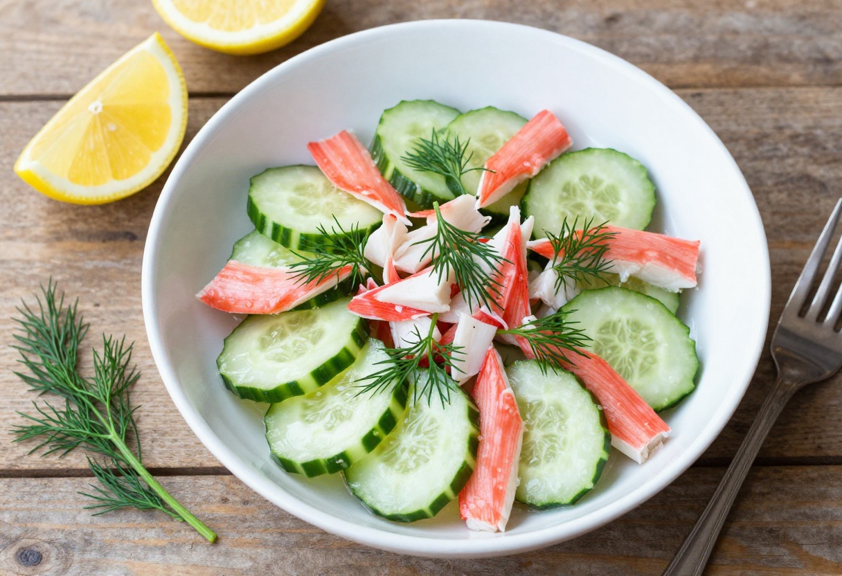 Fresh cucumber crab salad with dill in a white bowl, garnished with lemon wedges