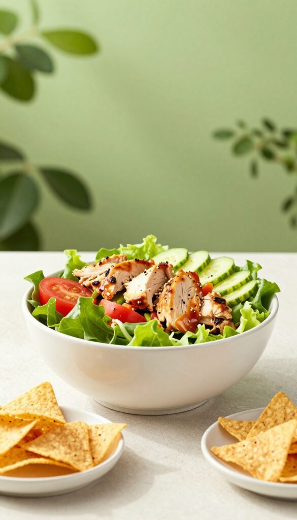 Southwest chicken salad with tortilla chips in a garden setting