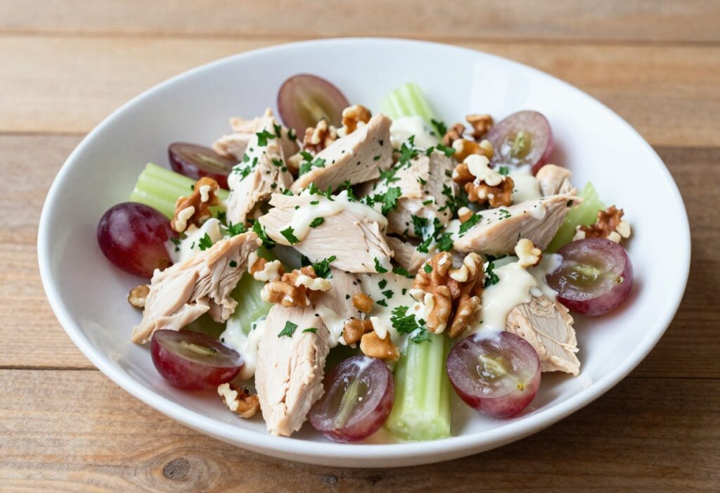 Creamy canned chicken salad with red grapes, celery, and walnuts in a white bowl