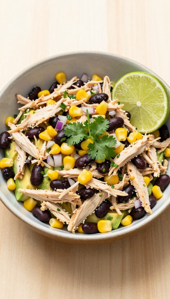 Creamy avocado and black bean chicken salad in a bowl with lime wedge