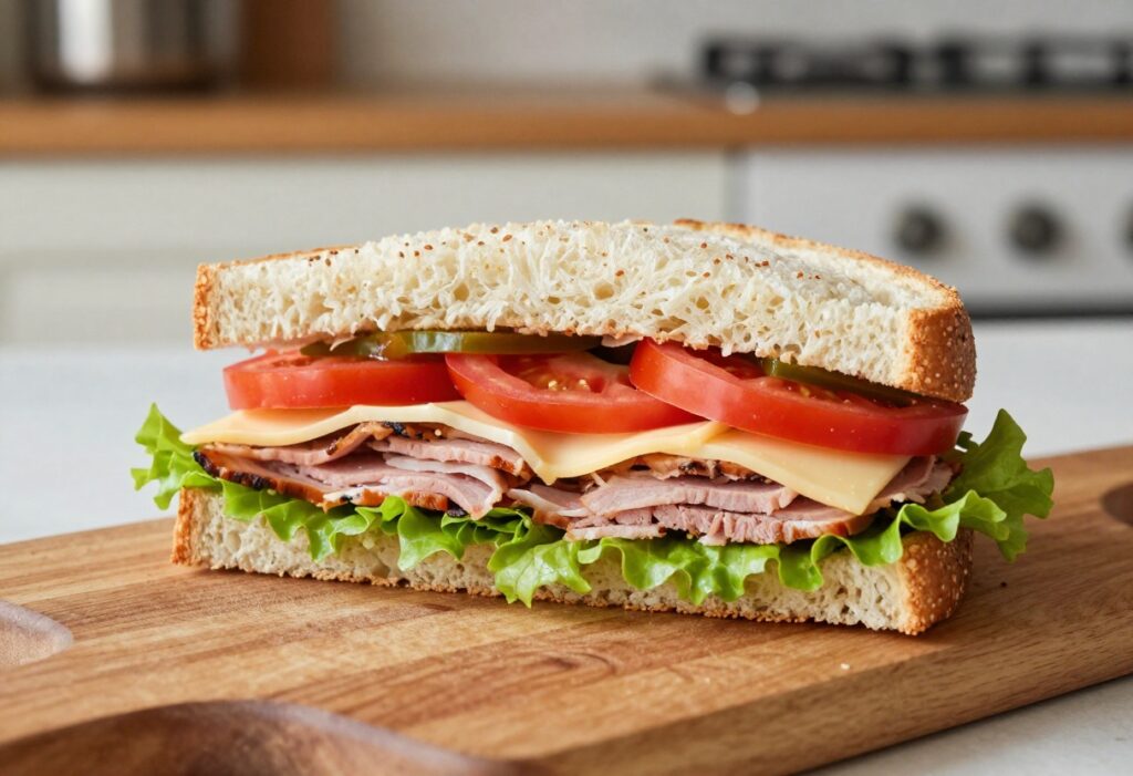 Italian grinder salad sandwich cut open to show layers of meats, cheese, and vegetables
