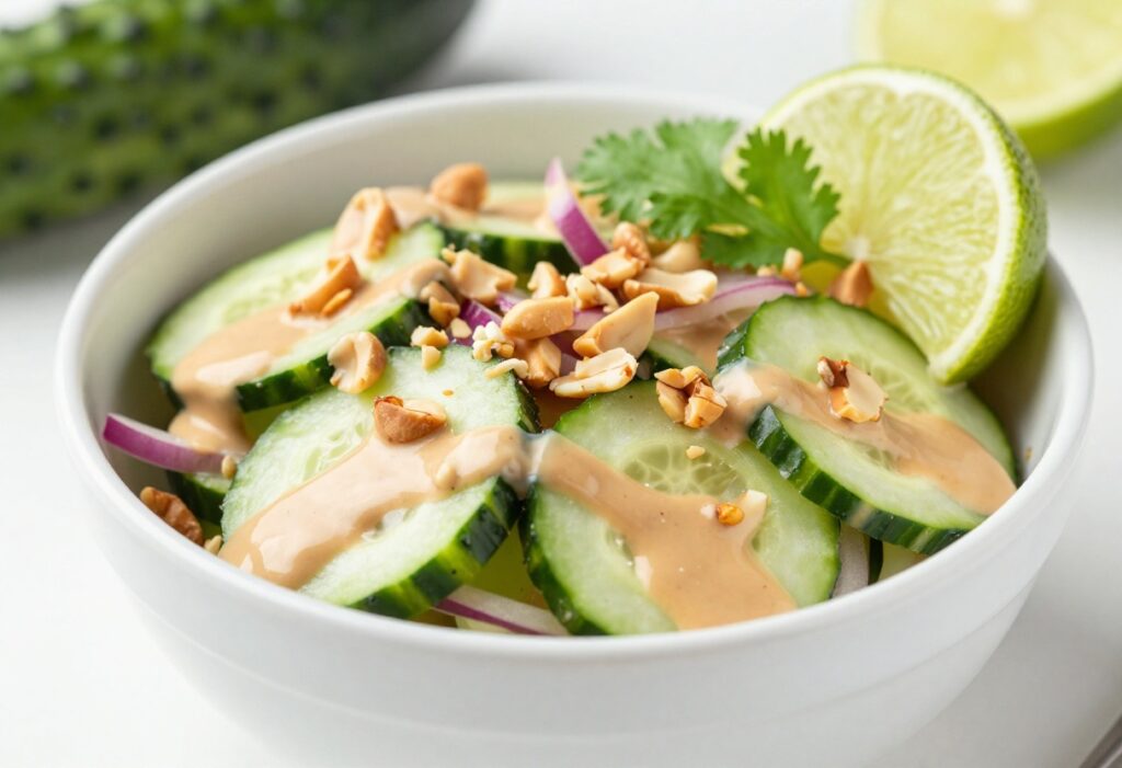 Bowl of Peanut Butter Cucumber Salad with lime wedge on rim