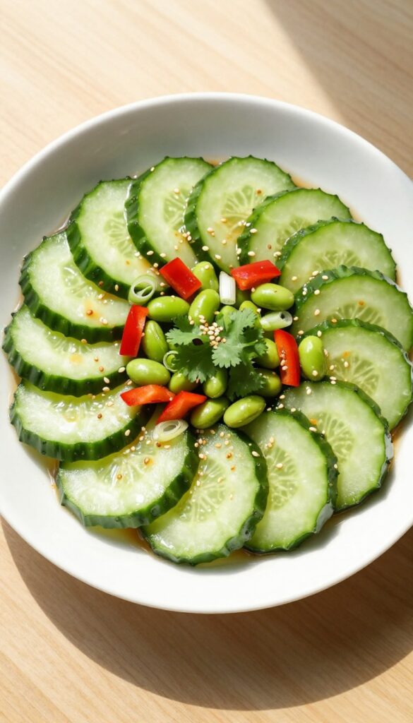 Cucumber and edamame salad with ginger soy dressing in a white bowl on a wooden table.