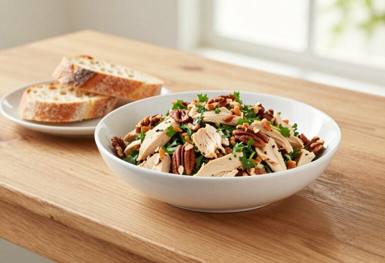 A bowl of traditional chicken salad with crunchy toppings on a wooden table, served with bread.