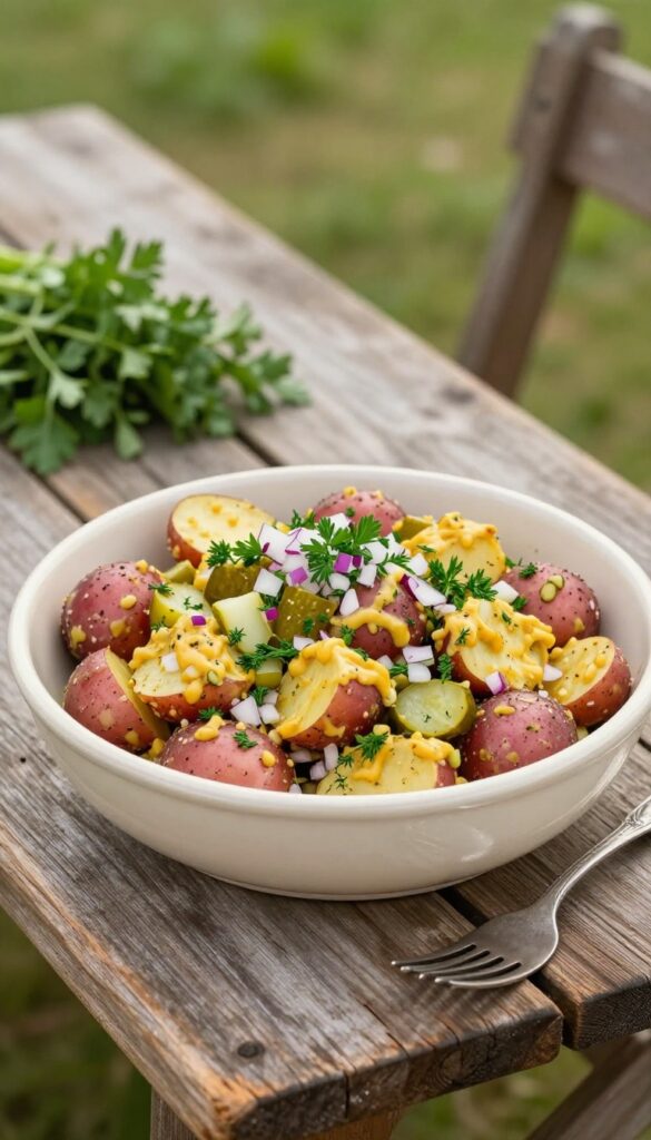 A high-quality food photograph of tangy mustard potato salad with pickles in a ceramic bowl on a rustic wooden picnic table under bright natural light.