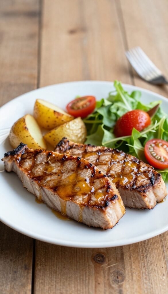Grilled tuna steaks with honey mustard glaze, served with roasted potatoes and salad, on a white plate in natural light.